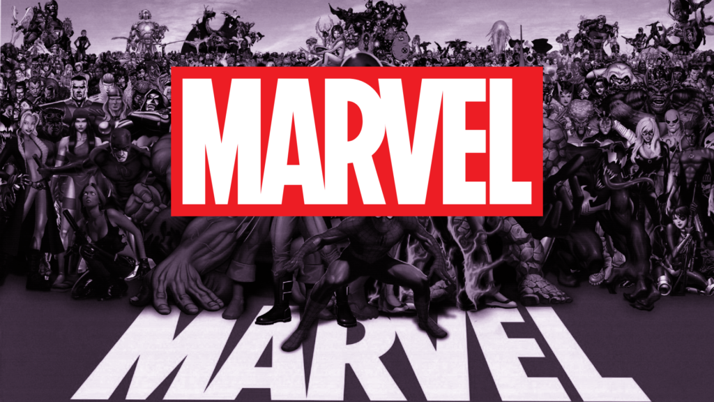 تحدي مشاهدة مارفل مع شعار Marvel وشخصيات الأبطال الخارقين